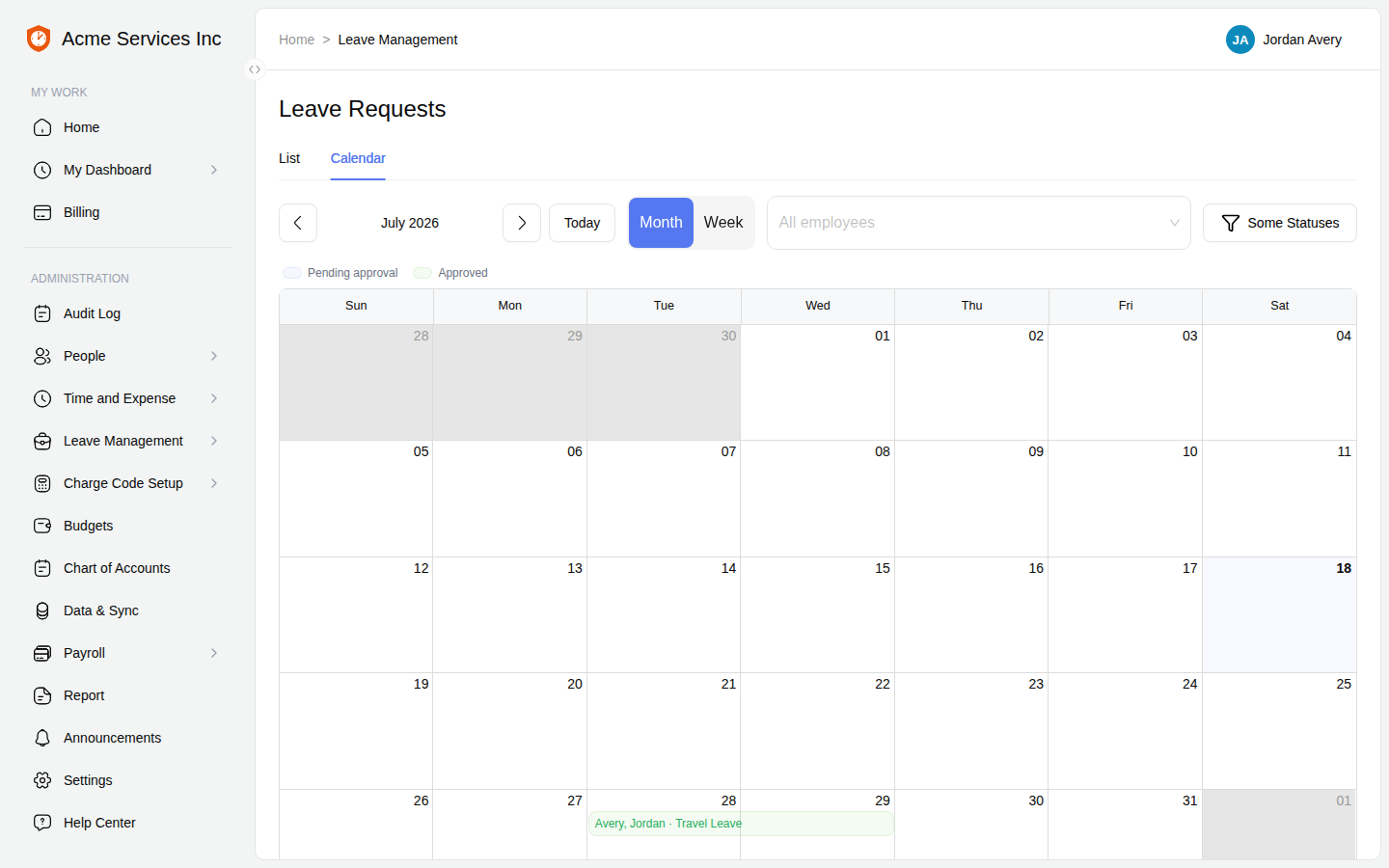 Month calendar for July 2026 showing an approved travel-leave entry spanning two days