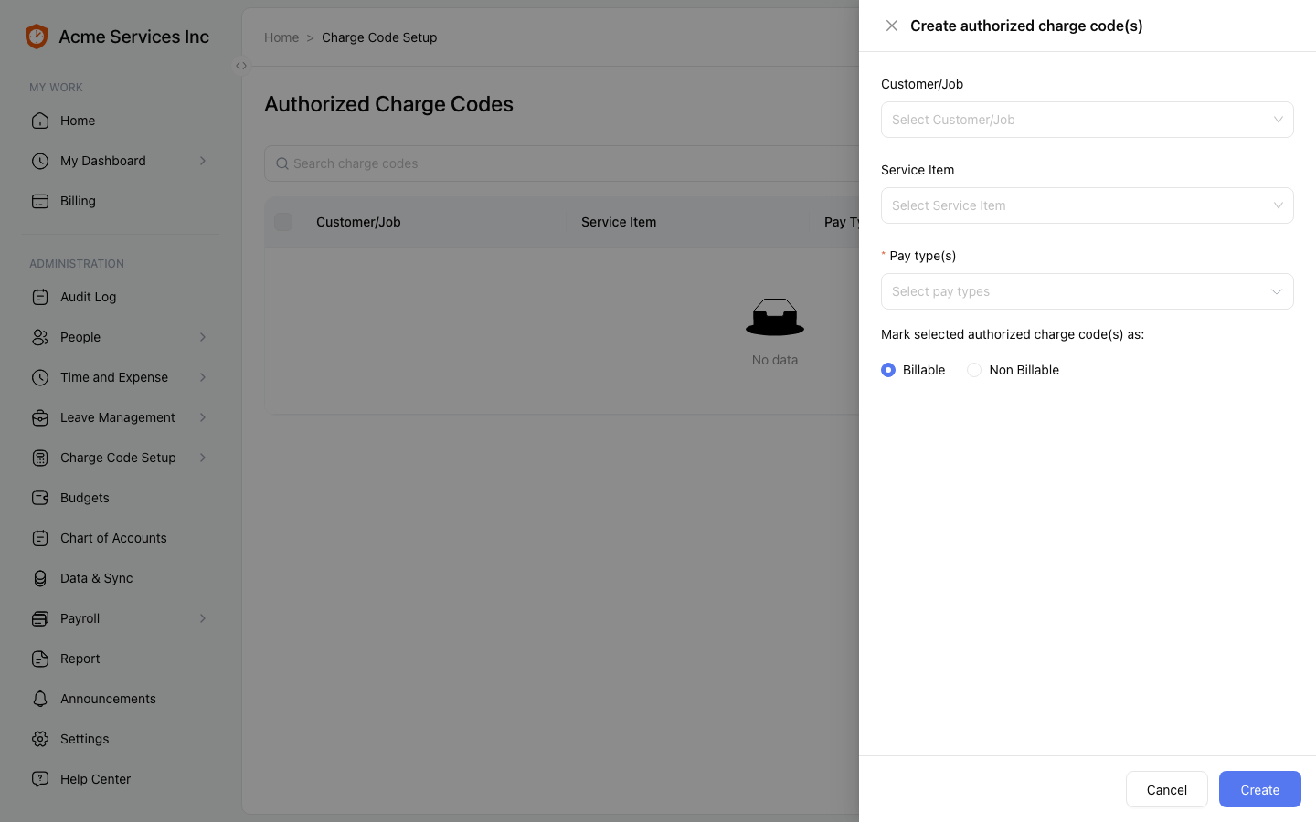 The Map Codes drawer for creating authorized charge codes by selecting entries per label and a billable option