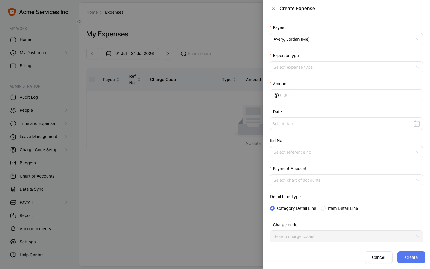 The Create Expense drawer with payee, expense type, amount, date, charge code, account, and receipt fields