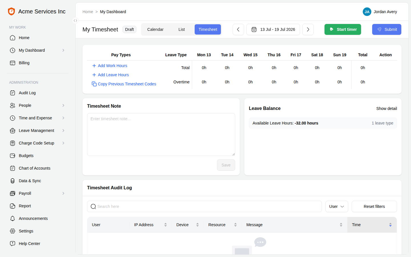 My Timesheet showing the weekly grid, view switcher, Start timer and Submit buttons, and the leave-balance panel