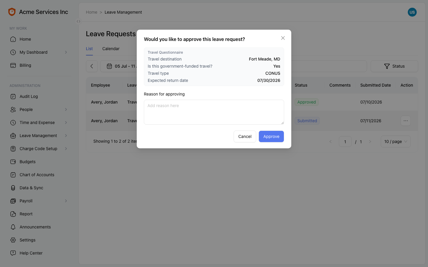 Approve dialog showing the travel questionnaire answers with formatted values above the approval reason