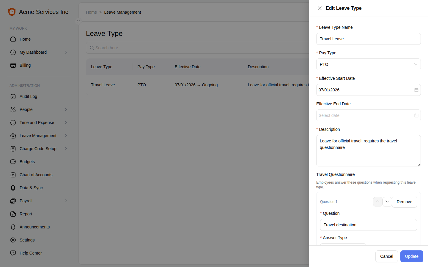 Questionnaire builder inside the leave type drawer with four typed questions