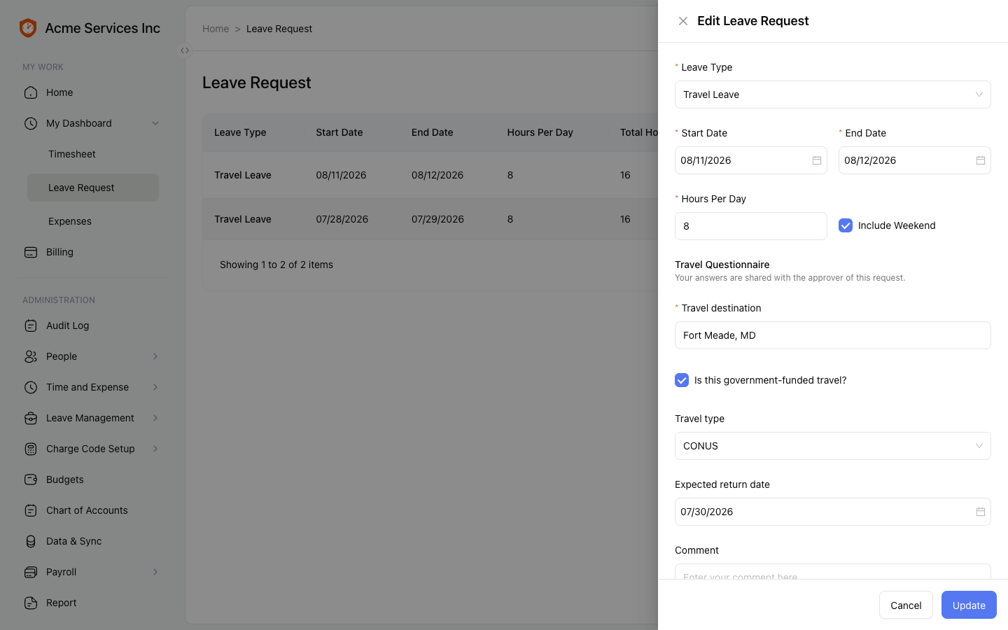 Edit leave request drawer with all four questionnaire answers prefilled