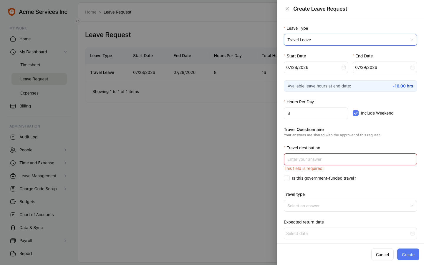 Leave request form blocking submission until a required questionnaire answer is provided