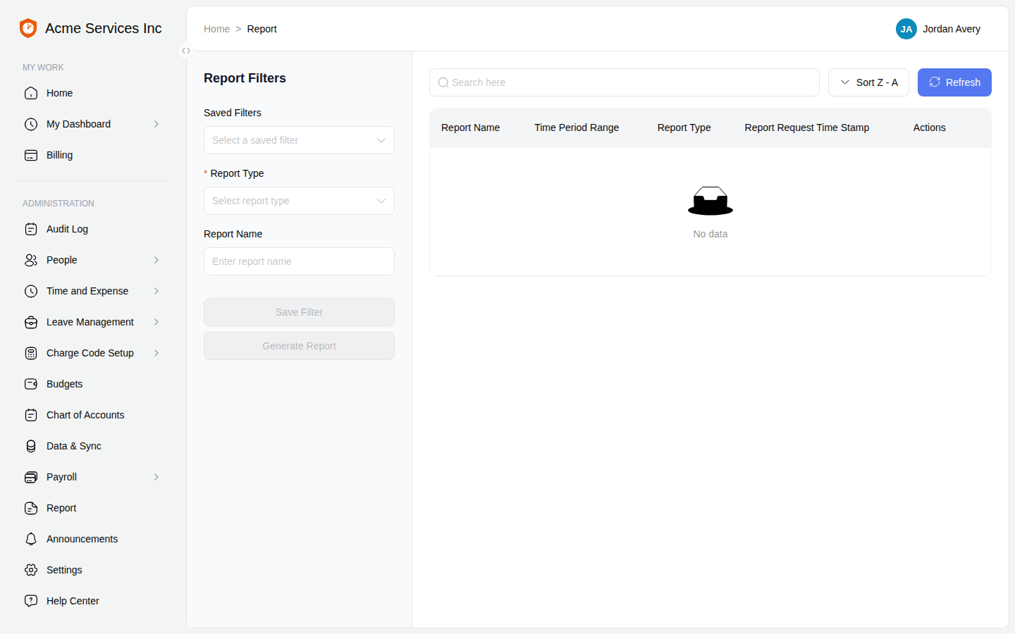 The Report screen with the Report Filters pane on the left and the generated-reports table on the right