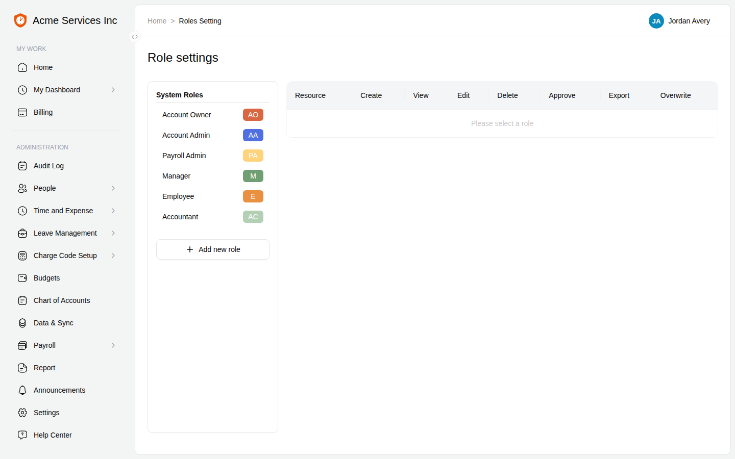 Roles Setting with the System Roles and Custom Roles lists beside a permission grid of resources, actions, and scopes