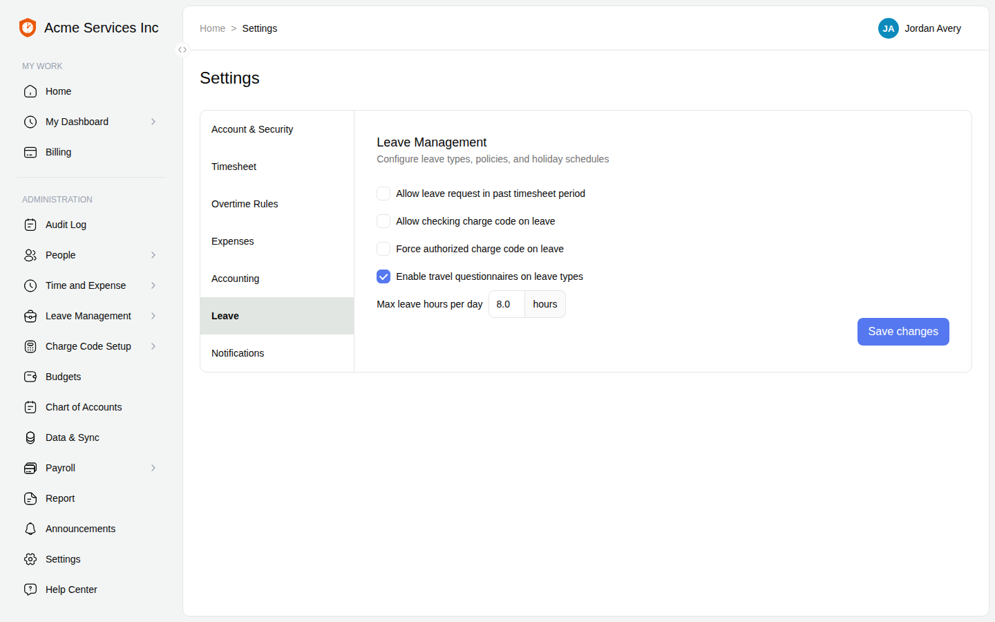 Settings → Leave tab showing the travel-questionnaire toggle enabled