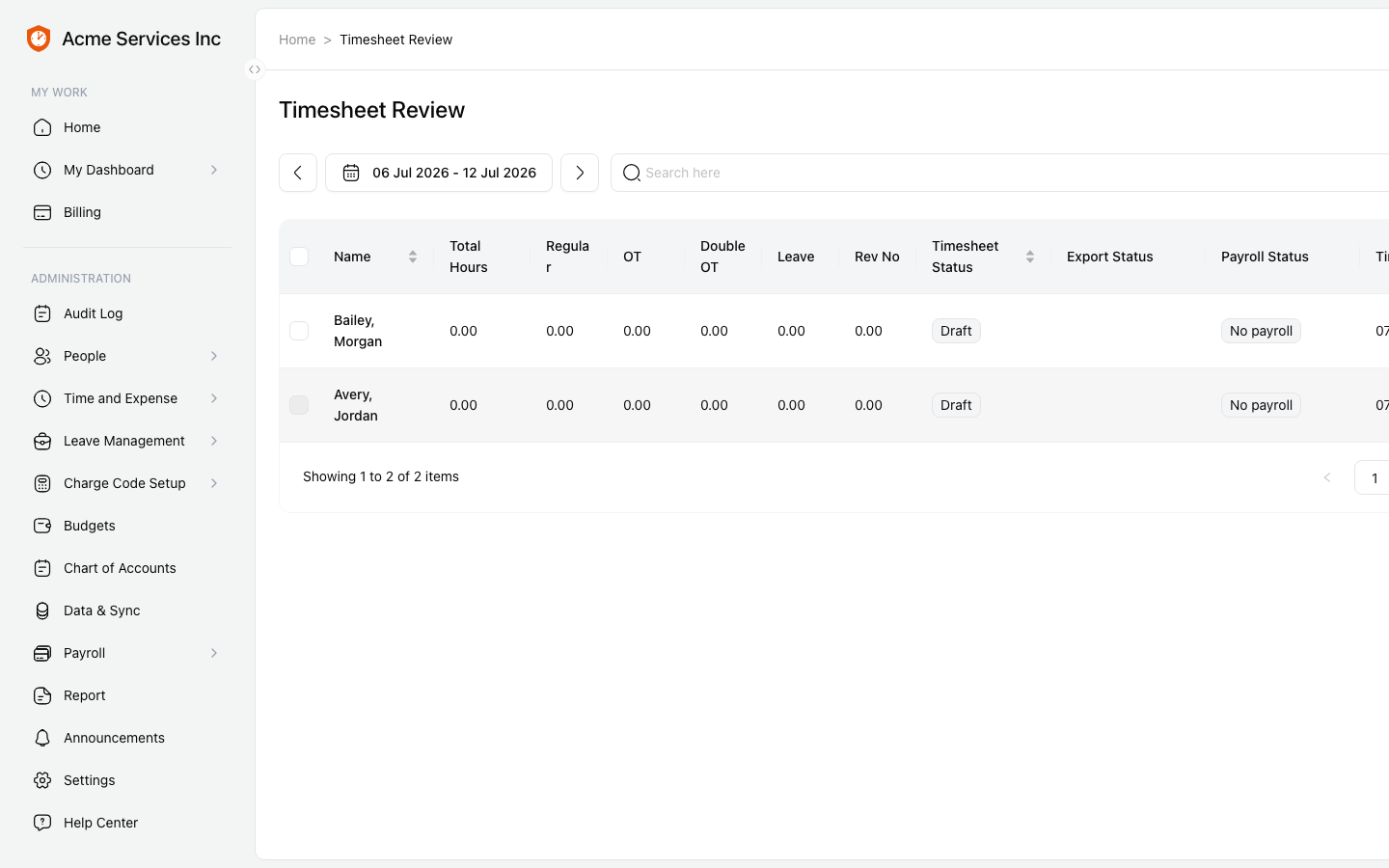 Timesheet Review table listing employees' timesheets with hour totals, status, and a per-row action menu