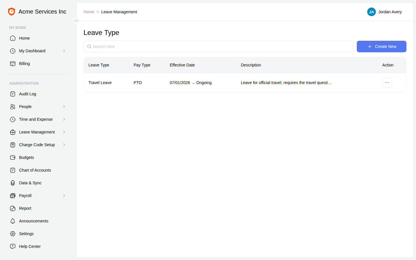 The Travel Leave type saved and listed with its questionnaire