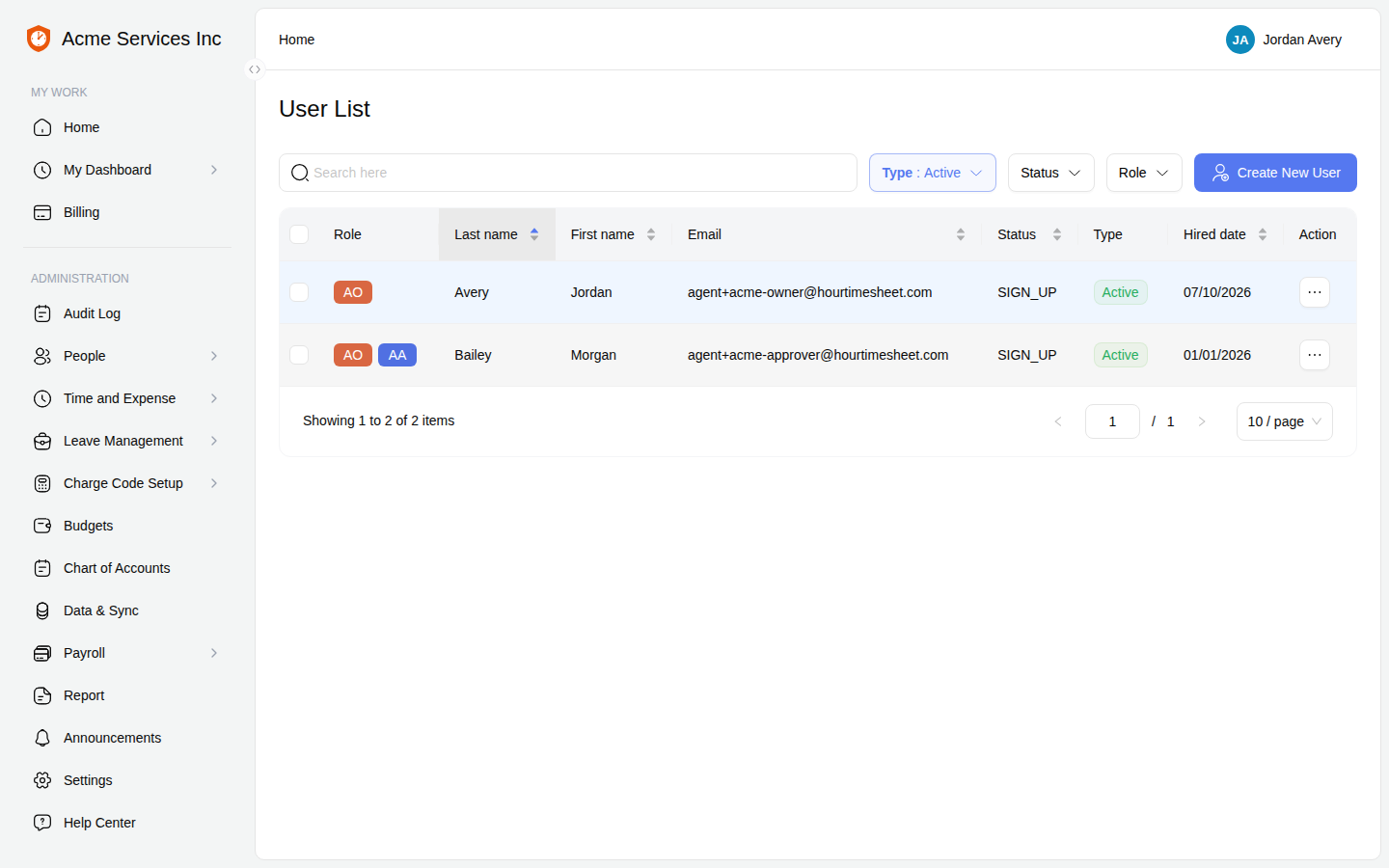 User List showing users with their role, email, status, and a per-row action menu