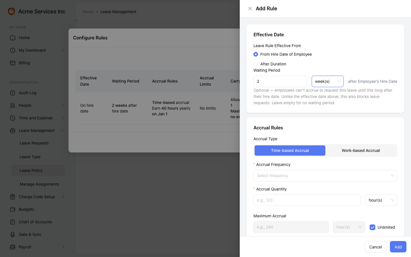 Leave policy rule form with the waiting period fields — an amount and a unit — next to the accrual settings