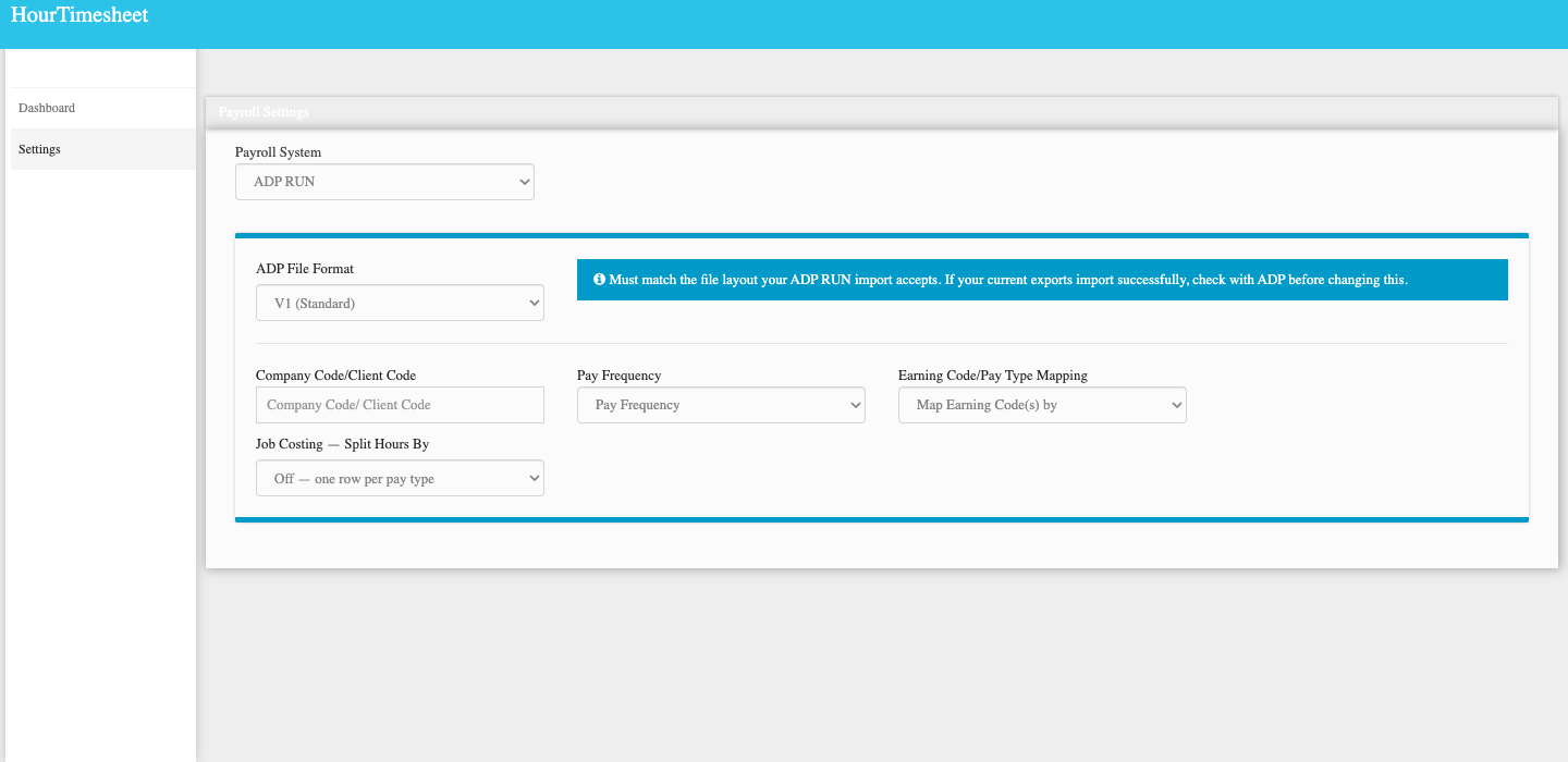 ADP RUN Payroll Settings showing the ADP File Format and Job Costing options