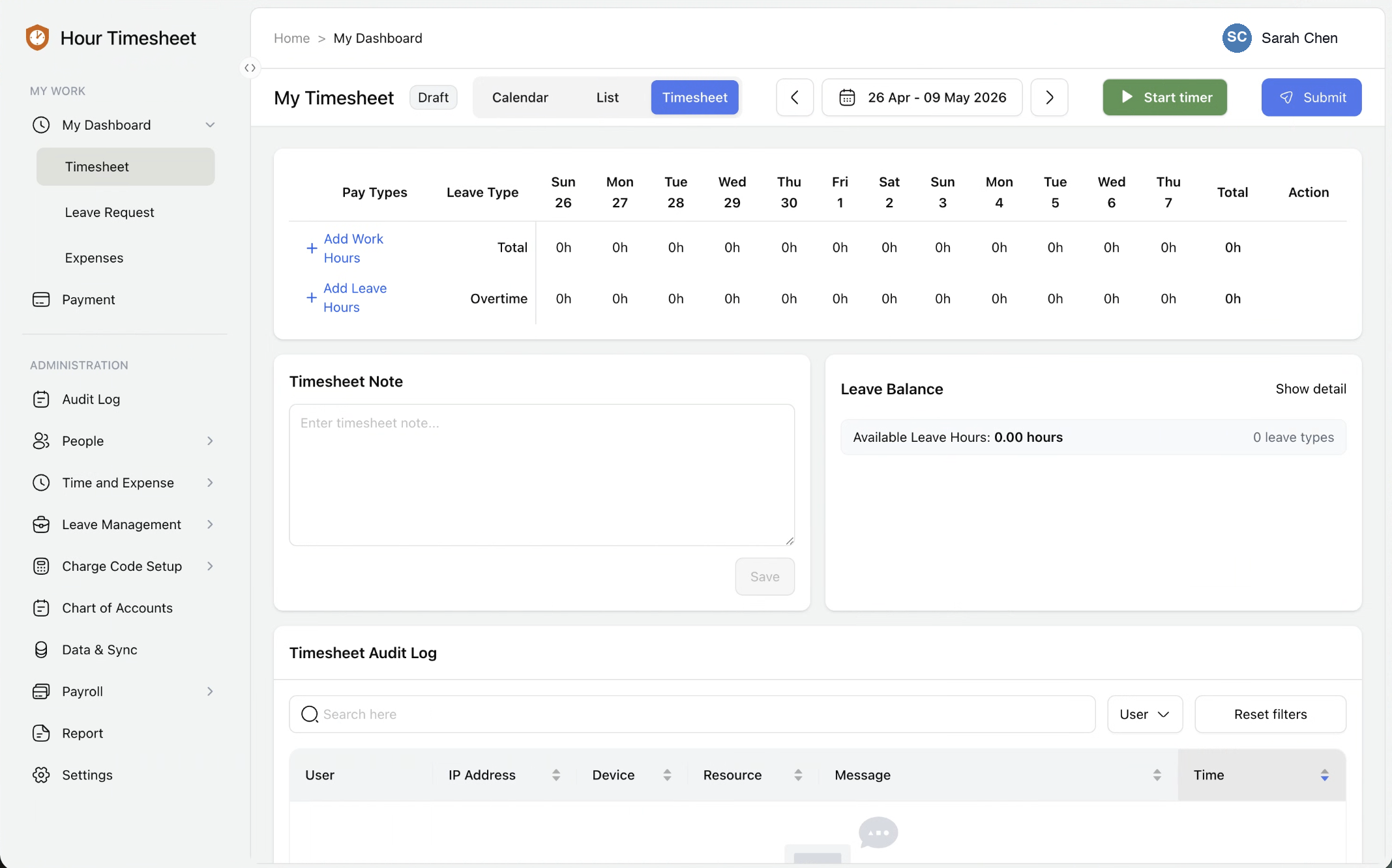 Hour Timesheet 2.0 admin dashboard showing a bi-weekly timesheet grid, leave balance, timesheet note, immutable audit log, and the admin sidebar with audit log, people, charge-code setup, chart of accounts, data and sync, payroll, reports, and settings